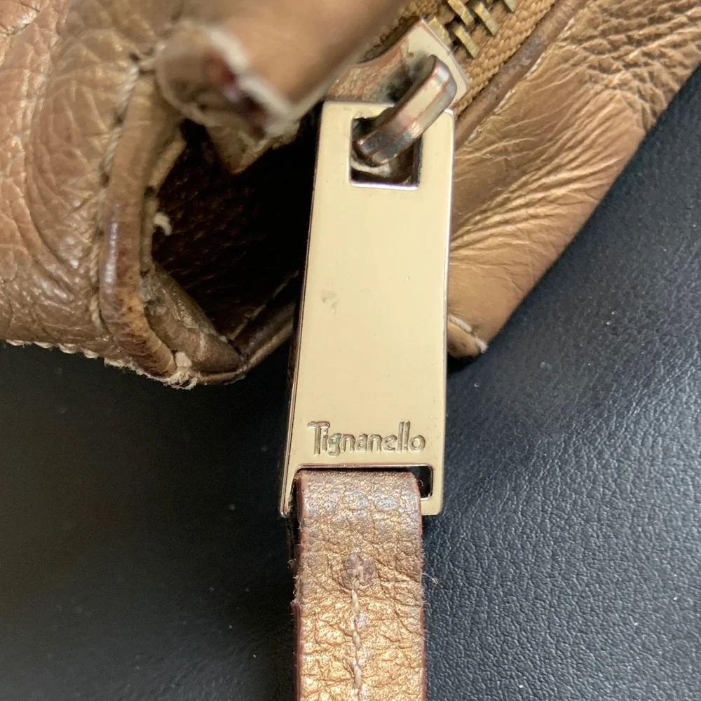 Tignanello Leather Tote Bag Brown Gold Silver Striped Shoulder Bag